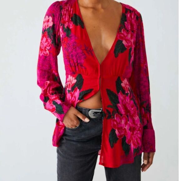 Free People Mikayla Red Pink Floral Hook Closure Blouse  in Scarlett Combo - Picture 2 of 16